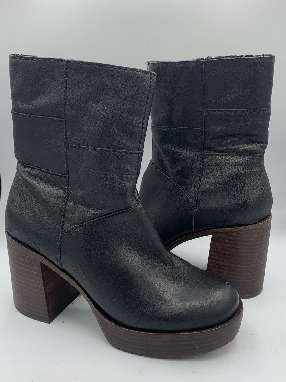 Lucky Brand Black Leather Platform Block Heel Ankle Boots Size 7M